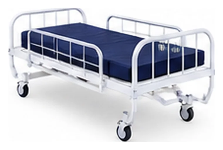 Cama hospitalar reforçada com estrutura tubular robusta e grades laterais